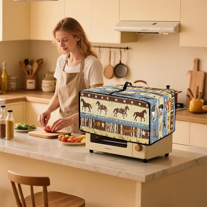 Horse Star Stipe Print Microwave Oven Dust Cover with Storage Bags Microwave Oven Grill Cover Protector Universal Reusable Decor Accessories for Kitchen, L