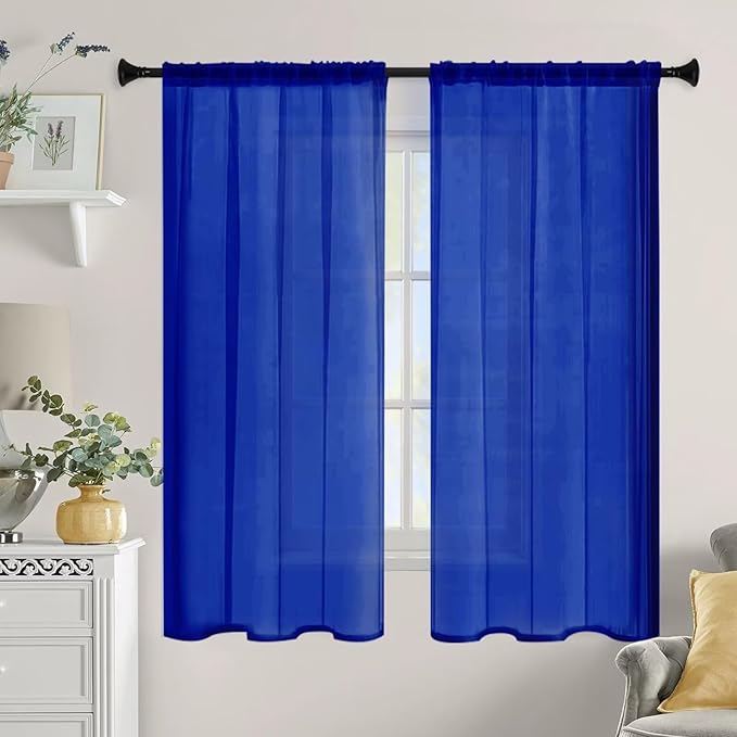 Sheer Curtains 45 Inches Long 2 Panels, Rod Pocket Short Curtain for Kitchen, Bedroom, Cafe Window(Blue Sapphire 38" W x 45" L)