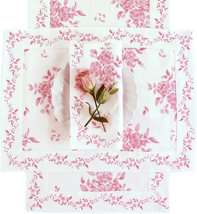 Solino Home Pink Floral Print Table Runner 90 Inches Long - 100% Pure Linen Table Runner 14 x 90 Inch - Handcrafted and Machine Washable - Jolie Fleur Print