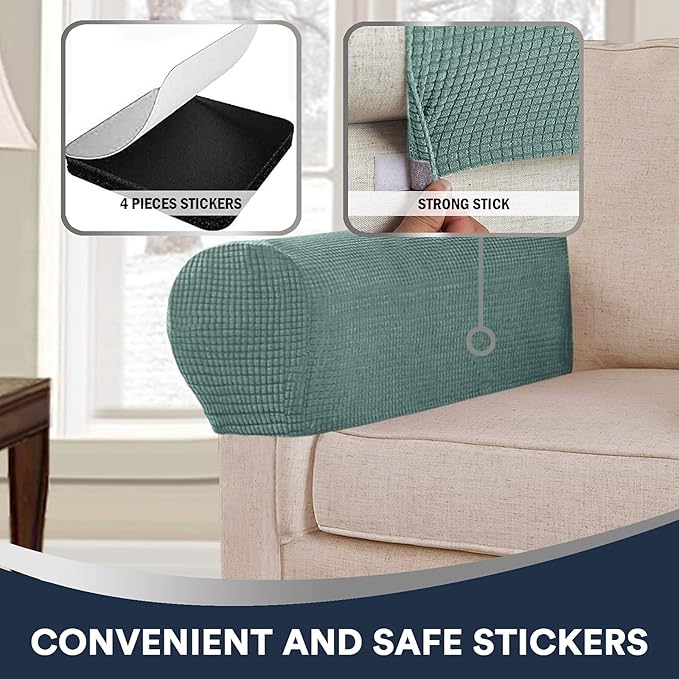 Sage Stretch Sofa Arm Covers - Spandex Jacquard Anti-Slip Armrest Protectors for Chairs, Sofas & Recliners, Set of 2