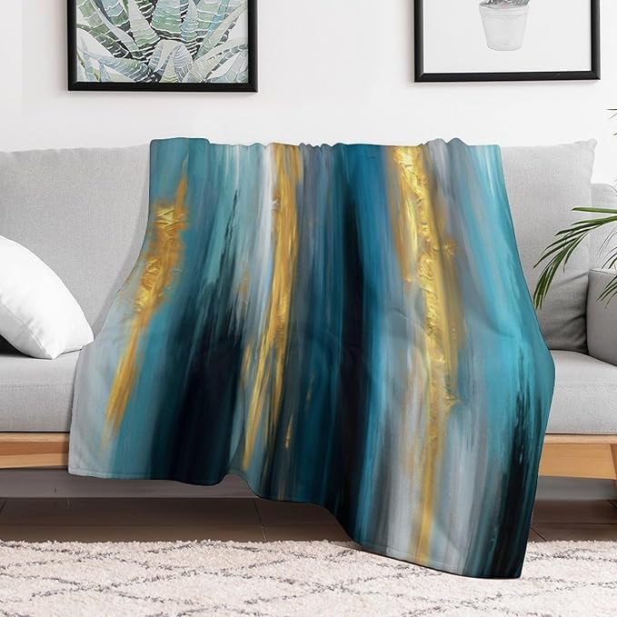 Fashion Gradient Blanket, Modern Abstract Art Gold Lake Blue Painting Strokes Pattern Soft Warm Cozy Plush Flannel Covers for Livingroom Bedroom Couch Chair Camping Travel Home Decor Tapestry 60x80in