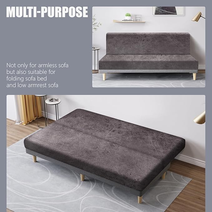 molasofa Leather Like Stretch Futon Slipcover Armless Futon Bed Sofa Cover Furniture Protector with Elastic Bottom, Soft and Washable Futon Cover for Sofa Bed Stay in Place（Medium，Khaki）