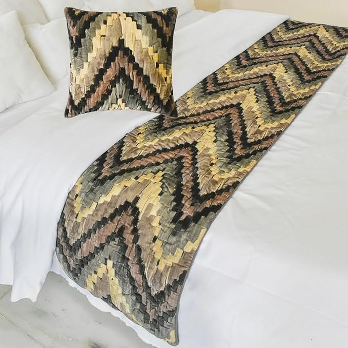 The HomeCentric King/Queen/Twin Beige Designer Twin 53"x18" Bed Runner Without Pillow Cover, Abstract, Chevron, Quilted Bed Scarf on Suede Velvet Fabric - Paramount