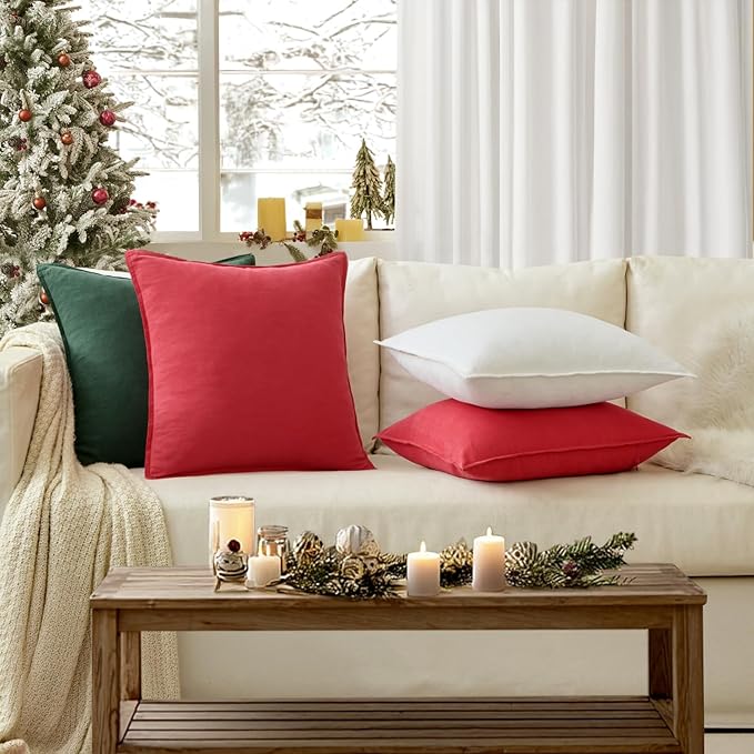 EMEMA Christmas Throw Pillow Covers Decorative Linen Pillow Covers 18x18 Inch Red Boho Farmhouse Neutral Couch Throw Pillows for Bed Pack of 2 Accent Pillowcase Modern Sofa Cushion Livingroom Home