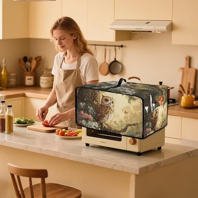 Owl Floral Tree Butterfly Print Microwave Oven Dust Cover Heavy Duty Microwave Oven Cover with Storage Pockets Foldable Dust-Proof Decor Accessories for Kitchen, S