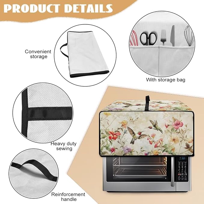 Convection Toaster Oven Cover Decorative Dustproof Convection Microwave Oven Cover with Storage Pockets for Kitchen Countertop, S, 14.5 x 18.5 x 9 Inches, Retro Hummingbird Floral