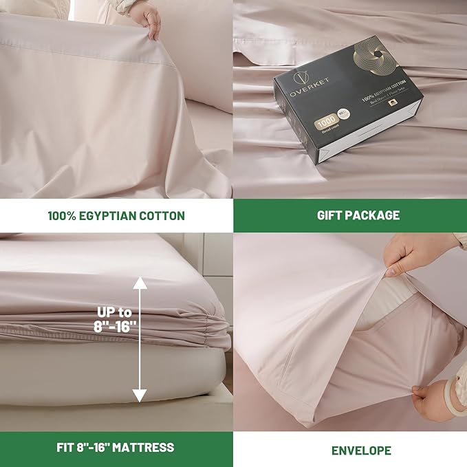 100% Egyptian Cotton Sheets King Size 1000 Thread Count Sateen Weave Soft Breathable 16-Inch Deep Pocket 4PCS（King,Dusty Pink）