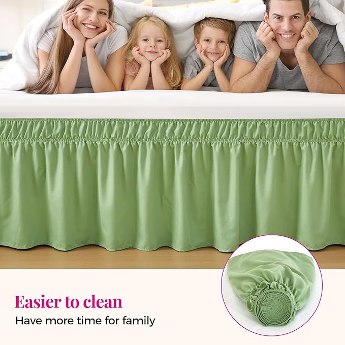 RIMELA Light Green Bed Skirt King Size 15 Inch Drop, Elastic Bed Skirting, Bedding Dust Ruffle Easy to Install, Lightweight Wrap Around Adjustable Bedskirt, Bedroom Decor