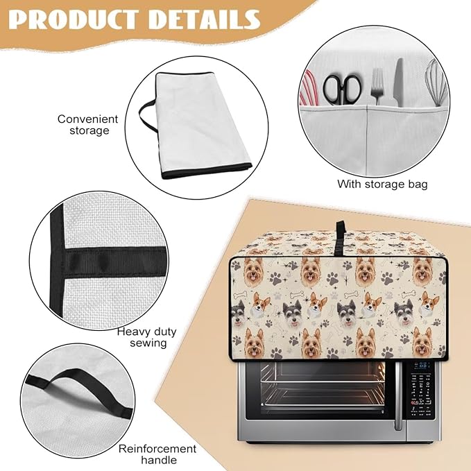 Air Fryer Toaster Oven Dust Cover Washable Fabric Convection Oven Protector with Storage Pockets, S, Yorkshire Terrier Schnauzer Dog Bone Paw Beige Puppy Pattern