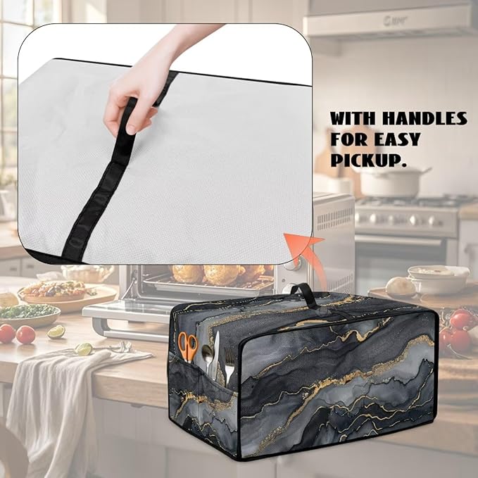 Convection Toaster Oven Cover Protective Small Kitchen Appliance Dust Cover with Accessory Pockets for Kitchen Home Indoor Decorations, L, Marble Black Gold
