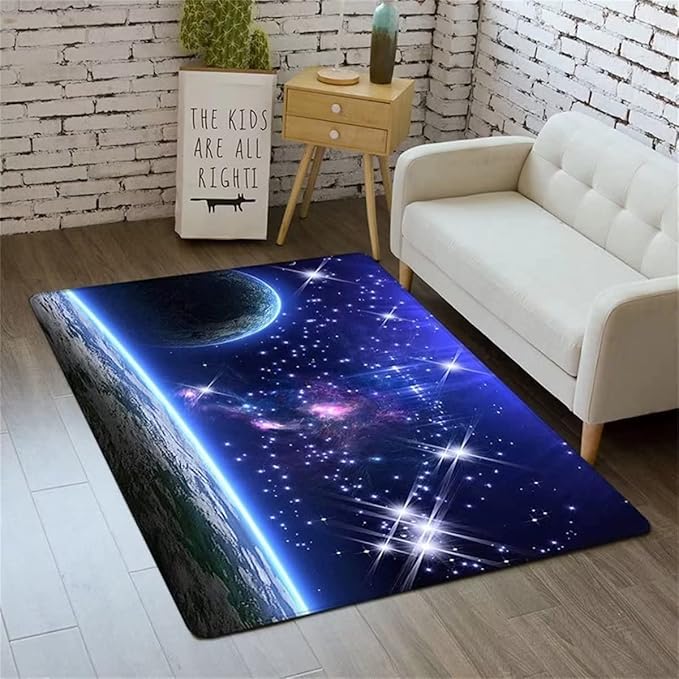 Modern Blue Outer Space Planet Living Room Area Rug Starry Sky Universe Large Carpets for Kids Bedroom Non Skid Playmats Soundproofing, 6'×9'