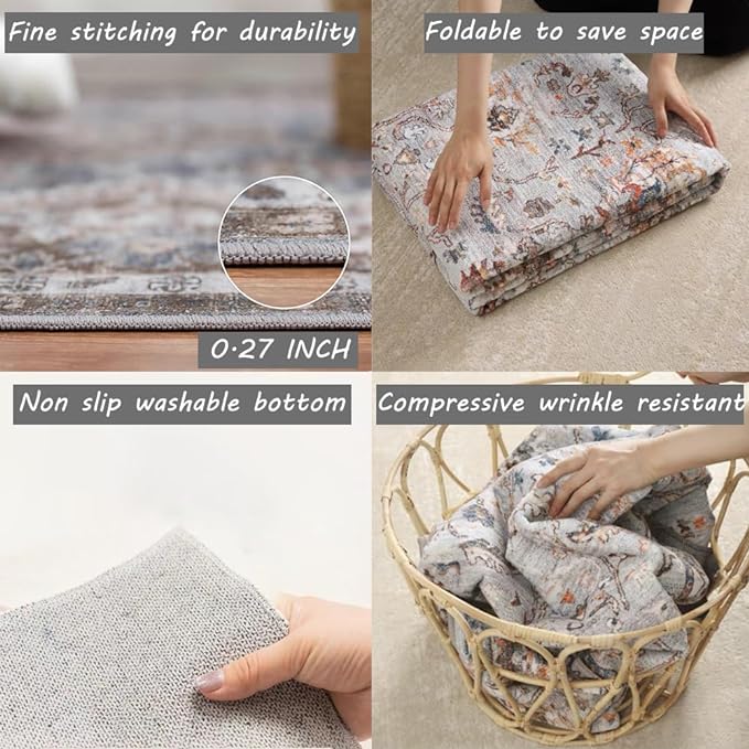 Area Rug 6x9 Washable Rug Gray Vintage Traditional Floor Cover Thin Rug Retro Kitchen Indoor Distressed Non Slip Carpet Floral Print Mat Living Room Bedroom Dining Room