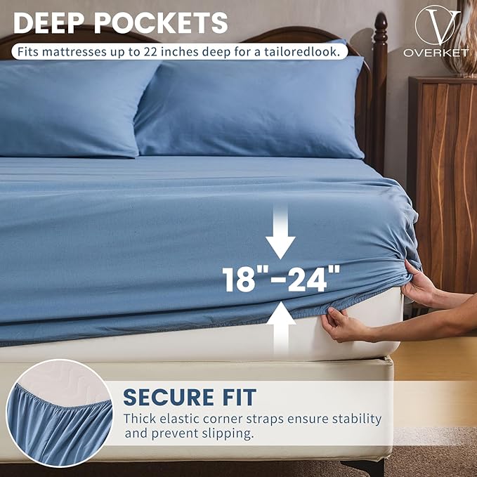 100% Linen Sheet Set King Size Extra Deep Pocket Fits 18-24 Inch Mattress, Breathable & Soft, Smooth 6-Piece Set for Thick Mattresses Hotel Luxury Bedding（King, Dusty Blue）