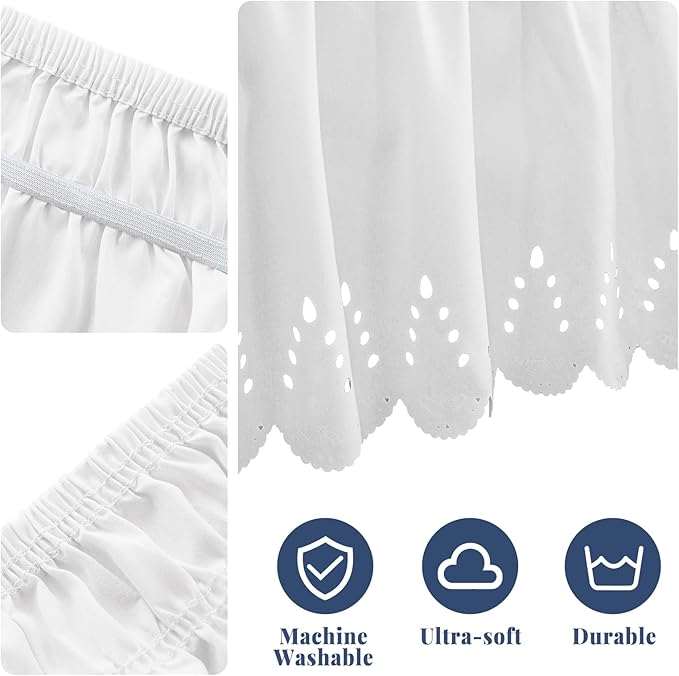 Full Bed Skirt, Double-Layered Ruffled Eyelet Bed Skirt, Wrap-Around Elastic Dust Ruffle Full Size with Gathered Styling and Embroidered Details, 18" Drop Length (White)