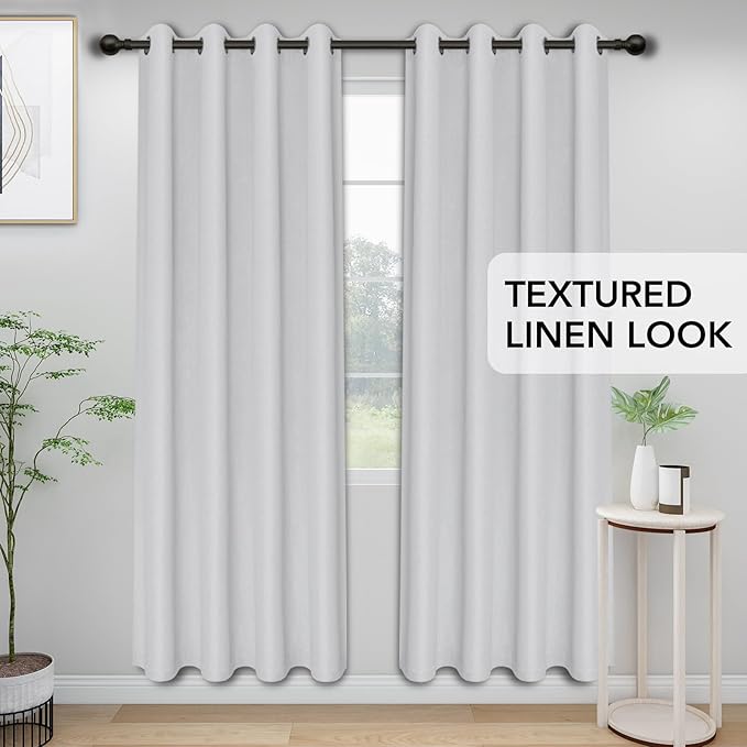 Easy-Going Linen Look Blackout Curtain 108 Inch Length Grommet Window Curtain Drapes for Bedroom, Living Room Thermal Insulated Room Darkening (Set of 2 Panels, Greyish White)