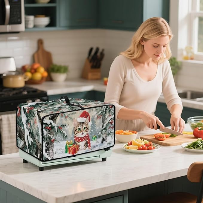 Air Fryer Toaster Oven Dust Cover Dust Protection Countertop Convection Oven Cover Stain-resistant Kitchen Appliance Protector for Christmas Winter, M, Cat Snowy Tree Print