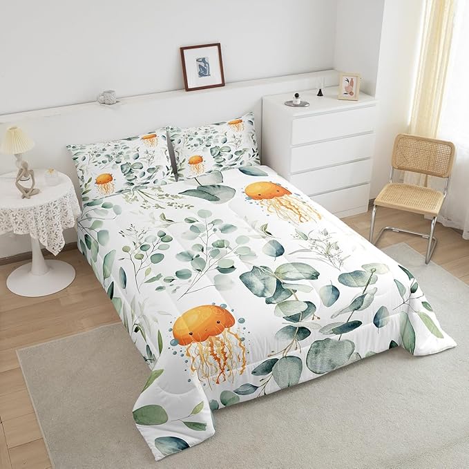 Erosebridal Kawaii Jellyfish Full Size Comforter Set for Boys Girls Cartoon Animal Bedding Set, Eucalyptus Leaves Down Comforter Ocean Wildlife Bed Set, Tropical Botanical Plants Quilted Duvet