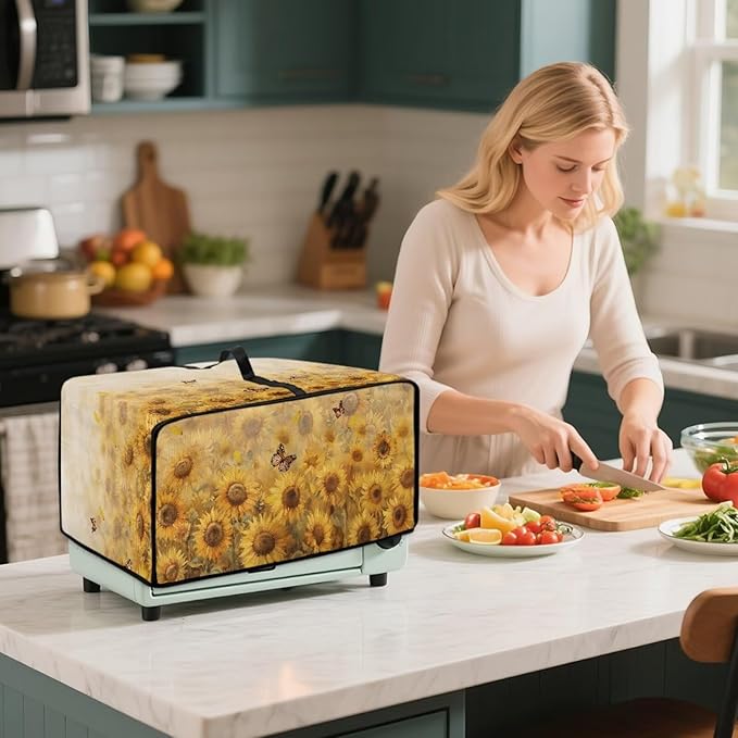 Microwave Oven Cover Dustproof Air Fryer Toaster Oven Protector with Storage Pockets, Stain-resistant Small Appliance Cover for Kitchen Decor, S, Sunflower Butterfly
