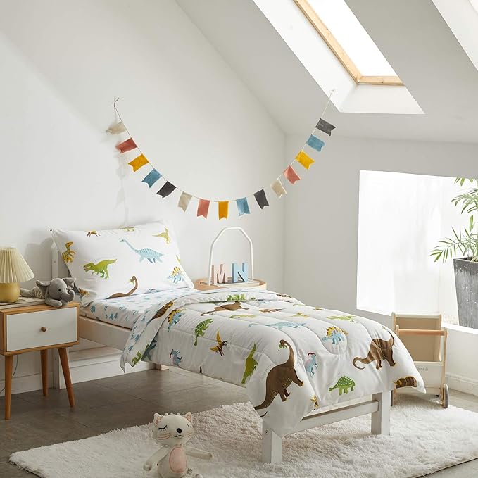 4 Pieces Toddler Bedding Set Dinosaur White with Colorful Dinos and Monsters Toddler Comforter Sheet Set for Autumu and Winter Includes Comforter, Flat Sheet, Fitted Sheet and Pillowcase
