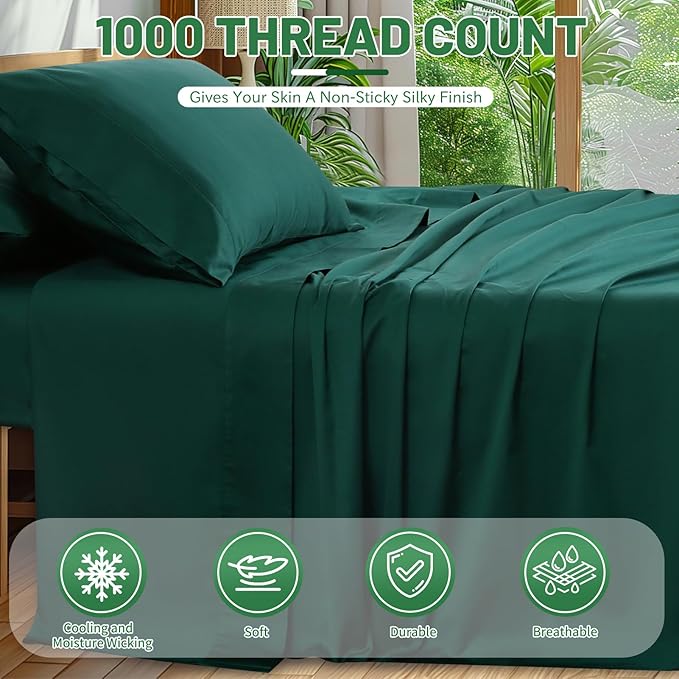 1000 Thread Count Egyptian Cotton Sheets Queen Size Set 4PCS Sateen Weave Soft Breathable 16-Inch Deep Pocket（Queen,Dark Green）
