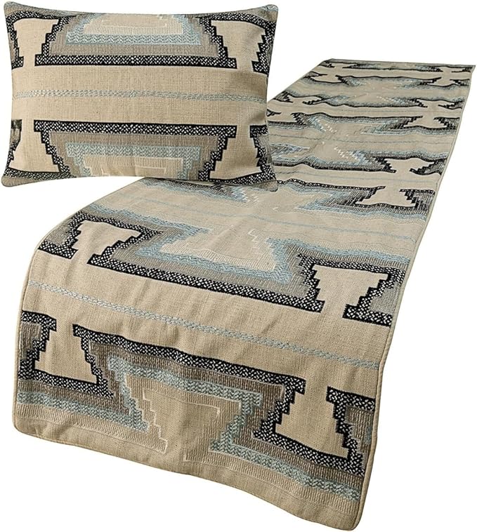 The HomeCentric King Queen Twin Blue & Ivory Luxury CA King 86"x18" Bed Runner with Pillow Cover, Embroidered Bed Scarf on Cotton Fabric - Aztec Armour