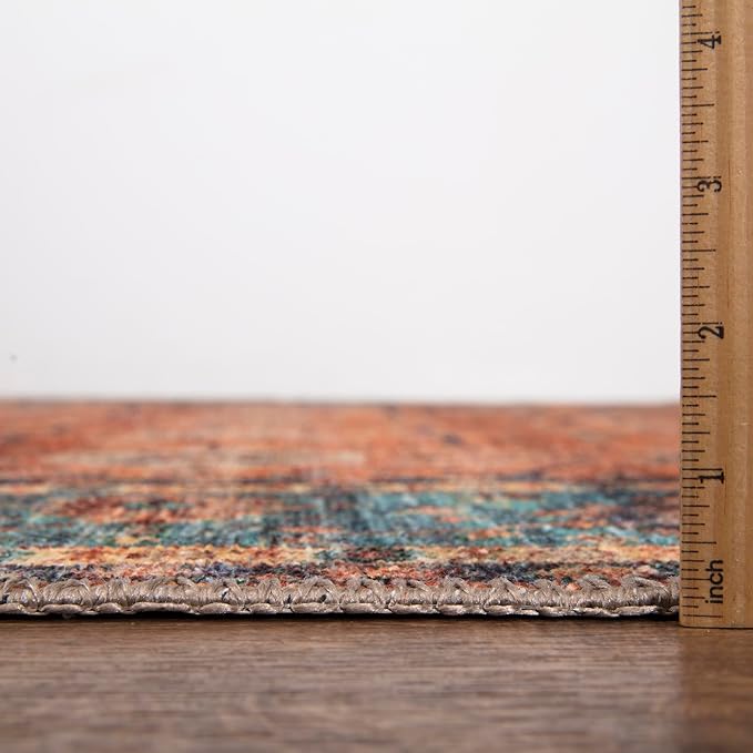 Bloom Rugs Washable Non-Slip 8' x 10' Rug - Orange/Teal Blue Traditional Bordered Area Rug for Living Room, Bedroom, Dining Room, and Kitchen - Exact Size: 8' x 10'