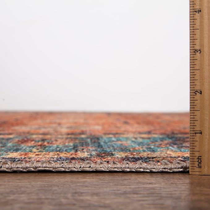 Bloom Rugs Washable Non-Slip 9' x 12' Rug - Orange/Teal Blue Traditional Bordered Area Rug for Living Room, Bedroom, Dining Room, and Kitchen - Exact Size: 9' x 12'