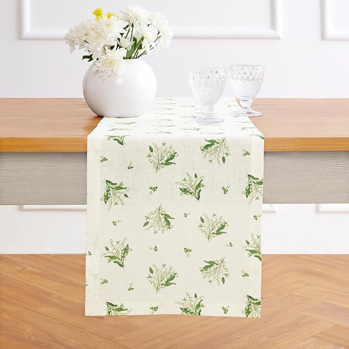 Solino Home Lily Floral Print Table Runner 48 inch - 100% Pure Linen Table Runner 14 x 48 Inch - Machine Washable - Lily of The Valley/Off White Print