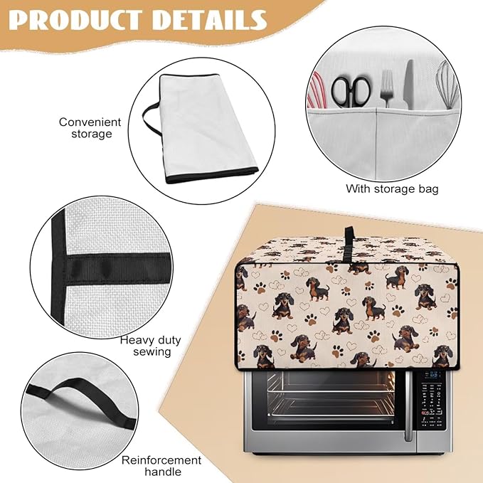 Dachshund Dog Heart Paw Print Toaster Oven Cover with Storage Bags Waterproof Dust Cover for Microwave Oven Polyester-Linen Fabric Small Appliance Dust Covers Fits Most Microwaves, M
