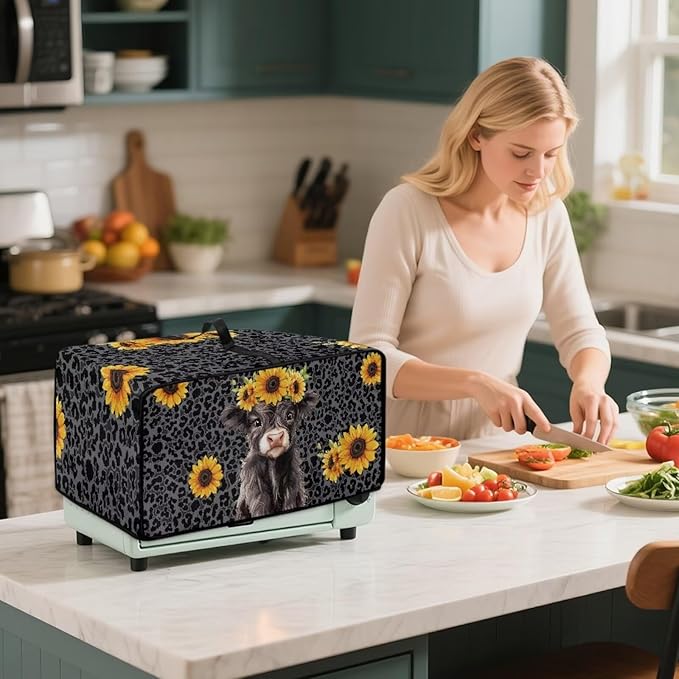 Air Fryer Toaster Oven Dust Cover with Storage Pockets, Stain-resistant Countertop Convection Oven Cover Kitchen Appliance Decor, S, Highland Cow Sunflower Dark Gray