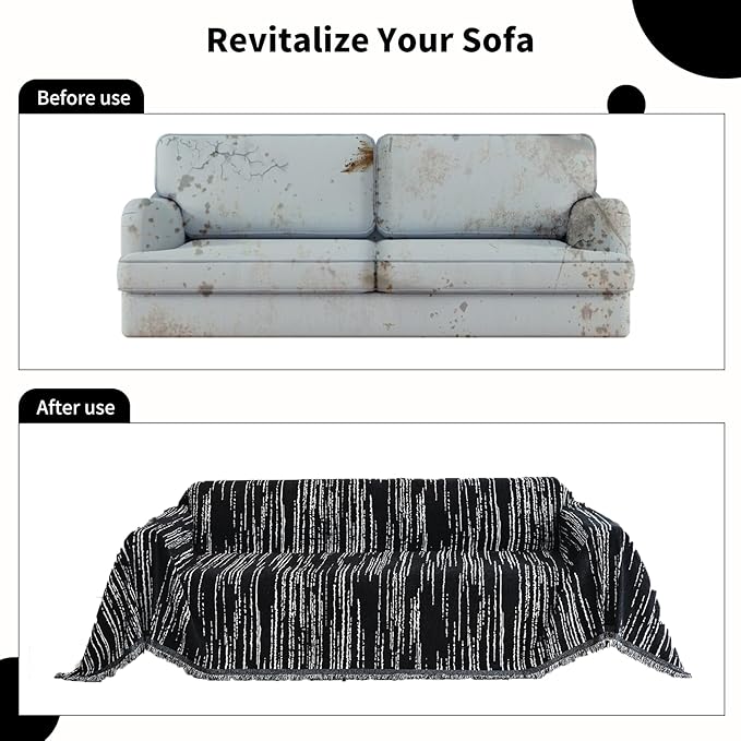 Chenille Couch Cover Pet Friendly, Sofa Cover Washable, Reversible Sofa Slipcover for Sectional Sofa, Loveseat, 2 or 3 Cushion Couch, Corner Sofa, Futon Cover (71" X 134", Black)
