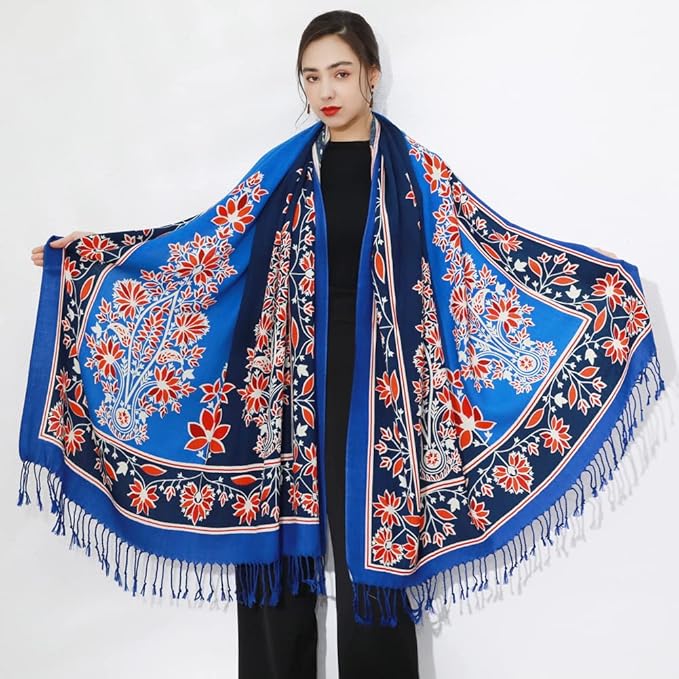 DANA XU 100% Merino Wool Pashmina Shawl for Women 96"x43", Oversized Cashmere Wrap with Tassels, Floral Travel Blanket Cape