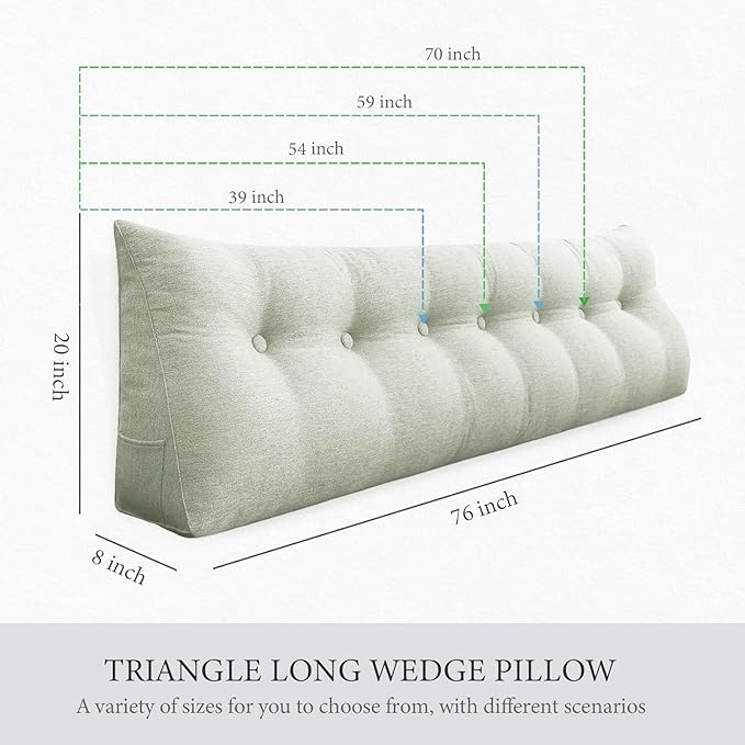 Wedge Headboard Pillow Dorm Room Reading Pillow Back Support for Sitting Up in Bed Bolster Lumbar Cushion Body Positioning Bedrest Cotton Linen 39in Grey-Beige Twin
