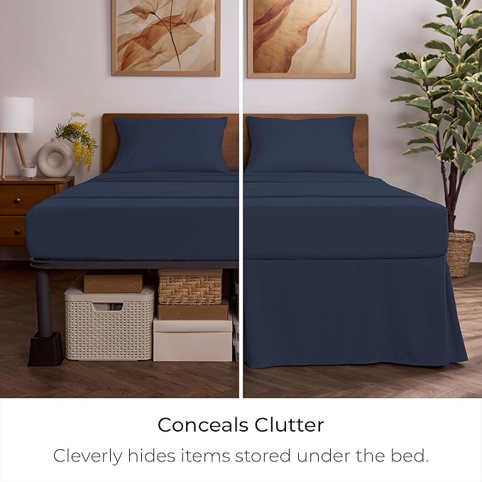 Mellanni Bed Skirt Queen Size - Bed Skirting - 15-Inch Tailored Drop Pleated Dust Ruffle - Hotel Luxury Bedding - Wrinkle, Fade, Stain Resistant - 1 Bedskirt (Queen, Navy Blue)