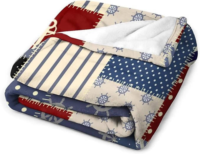Nautical Blanket Vintage Coastal Rustic Red Blue White Polka Dot Stripe Anchor Patchwork Soft Cozy Lightweight Throw Blanket for Women Men Bedroom Living Room Dorm Chair Sofa Travel 40x50in