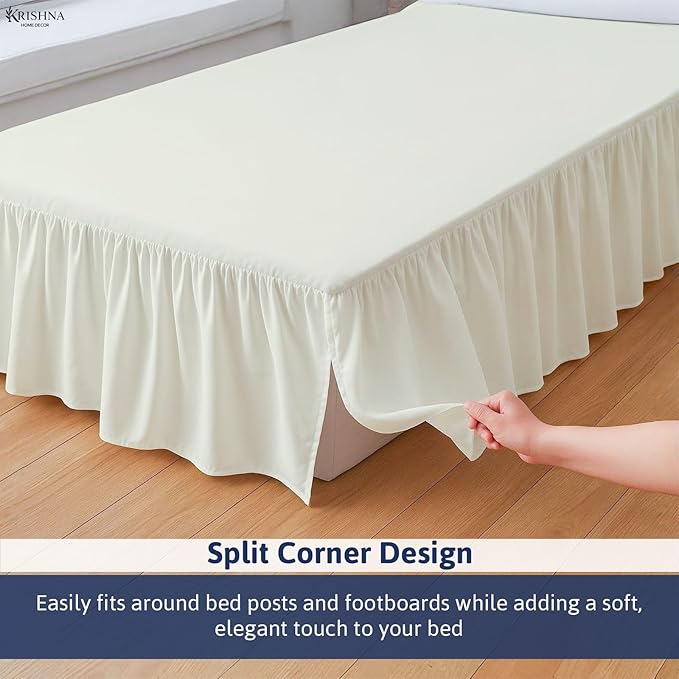 KRISHNA Ruffled Bed Skirt with Split Corners Twin, 100% Microfiber Hotel Quality, 21 Inch Drop Dust Ruffle Gathered Bedskirt with Platform, 39" x 75", Ivory