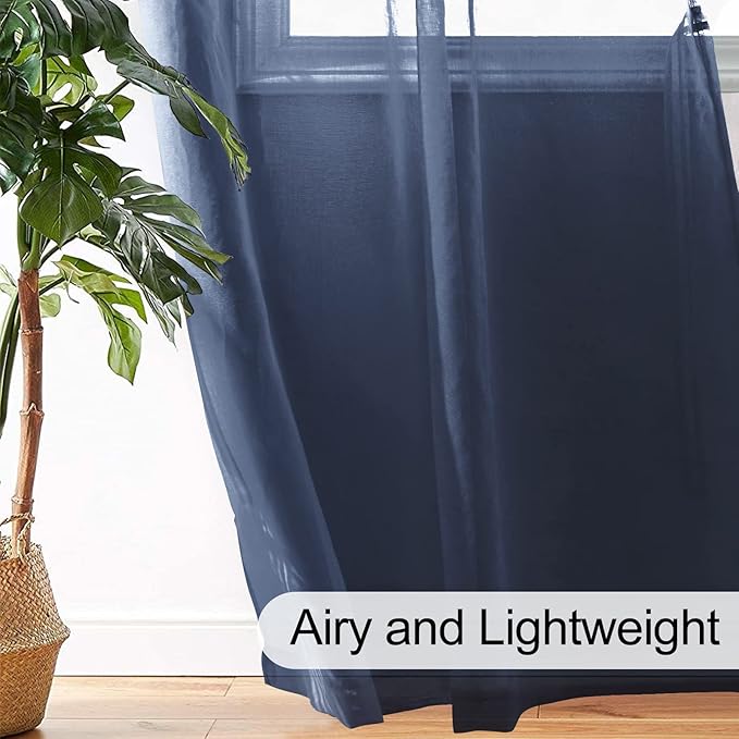 XWZO Sheer Curtains 84 Inches Long for Bedroom, Light Filtering Faux Linen Grommet Window Curtains for Living Room, Kids Room, Study with Tiebacks, Navy Blue, Set of 2 Panels, 52 x 84 Inches Long