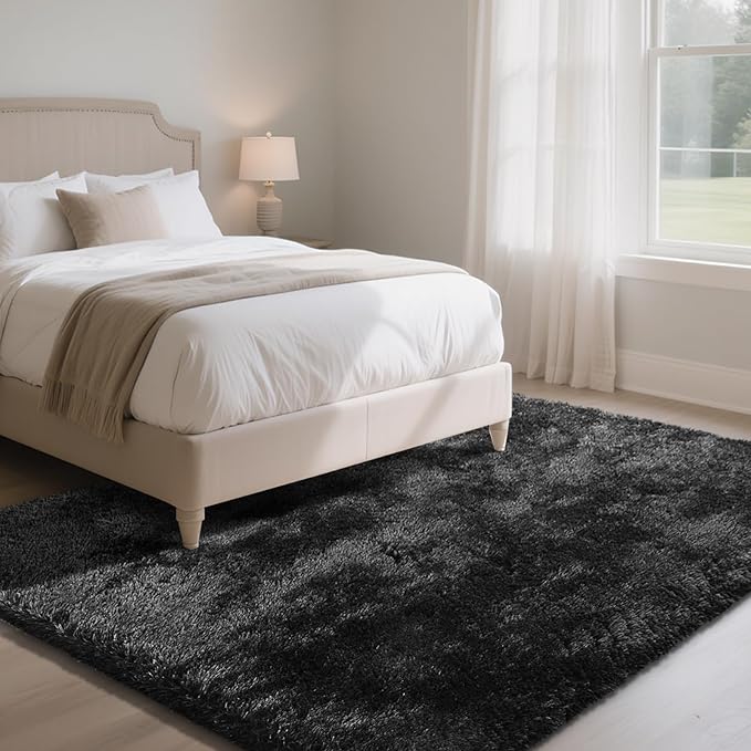 Fluffy Rug Shaggy Area Rug, Black 9x12 Area Rugs for Living Room, Large Shag Area Rugs for Bedroom Kids Room Home Decor, Upgrade Anti-Skid Rectangular Fuzzy Rugs