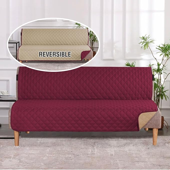 H.VERSAILTEX Reversible Futon Cover Water Repellent Armless Sofa Slipcover Washable Furniture Protector with Adjustable Elastic Strap Anti-Slip Futon Bed Cover for Dogs 70" Width Seat(Red/Tan)