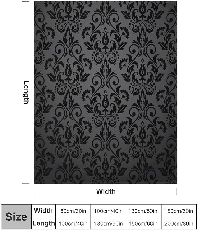 Black Damask Blanket, Antique Victorian Style Gothic Vintage Black Floral Bohemian Exotic Print Blanket for Sofa Bed Decor Fuzzy Blanket Twin, 50"x60"