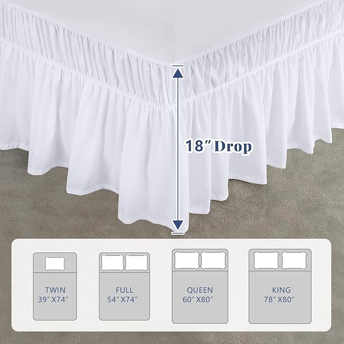 Full Bed Skirt, Elastic Wrap Around Bed Skirt Full Size, Bed Skirts for Adjustable Bed, Easy Fit with 18" Drop Length Tailored Drop Dust Ruffle (White)