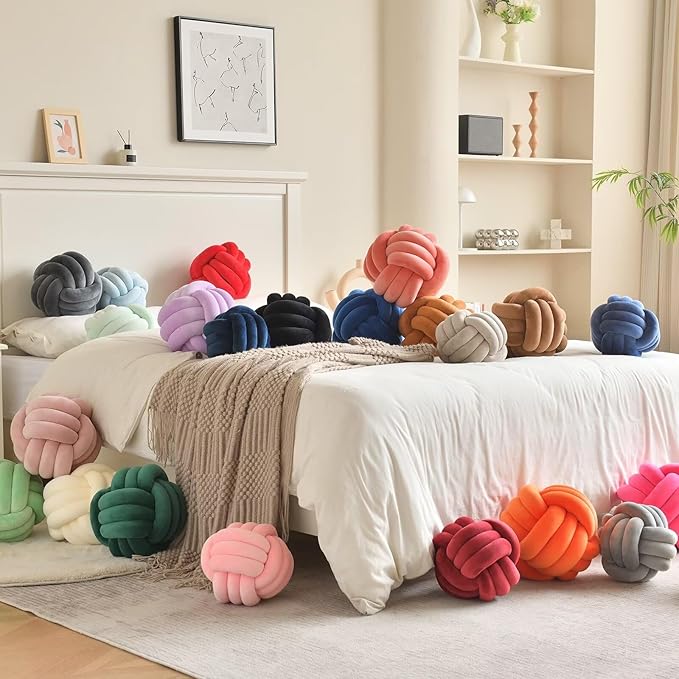 Decorative Throw Knot Pillow Ball for Home Chair Sofa Aesthetic Round Velvet Knotted Pillow Cushion (Black, 8 inches)