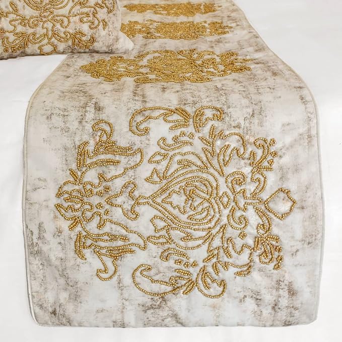 The HomeCentric King/Queen/Twin Ivory & Gold Designer CA King 86"x18" Bed Runner with 2 Pillow Cover, Beaded & Foil Bed Scarf on Silk Fabric - Foil Damask Gold