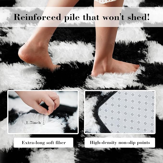 Checkered Rug for Living Room, 9x12 Black and White Area Rugs, Classic Checkered Carpets Shaggy Area Rug, Bedside Rugs for Living Room Bedroom Kids Room Home Decor