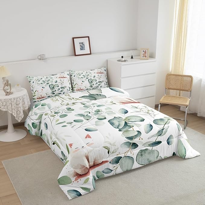 Erosebridal Kawaii Cat Toddler Comforter Set for Boys Girls Cartoon Animal Bedding Set Toddler, Eucalyptus Leaves Bedding Comforter Sets Pet Kitten Duvet Set, Tropical Plants Quilted Comforter