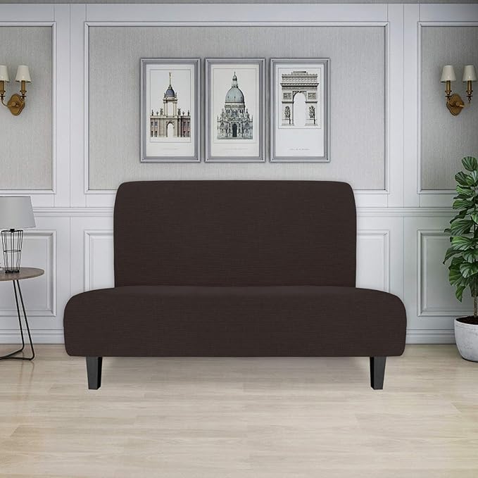 Easy-Going Stretch Futon Slipcover Armless Futon Bed Cover Furniture Protector Without Armrests with Elastic Bottom for Kids, Soft Jacquard Fabric Small Checks (Medium, Chocolate)
