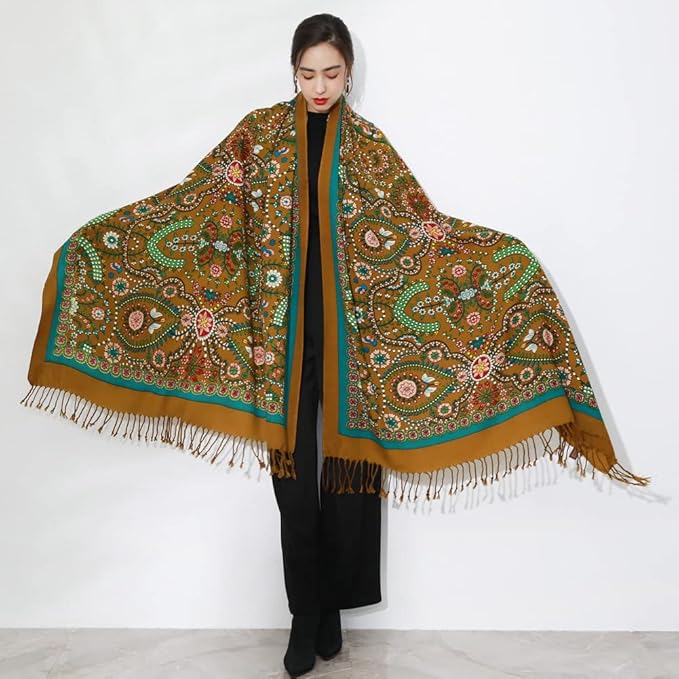 DANA XU 100% Merino Wool Pashmina Shawl for Women 96"x43", Oversized Cashmere Wrap with Tassels, Floral Travel Blanket Cape