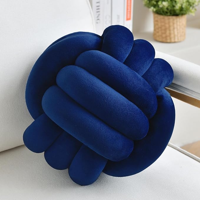 Decorative Throw Knot Pillow Ball for Home Chair Sofa Aesthetic Round Velvet Knotted Pillow Cushion (Navy Blue, 11inch)