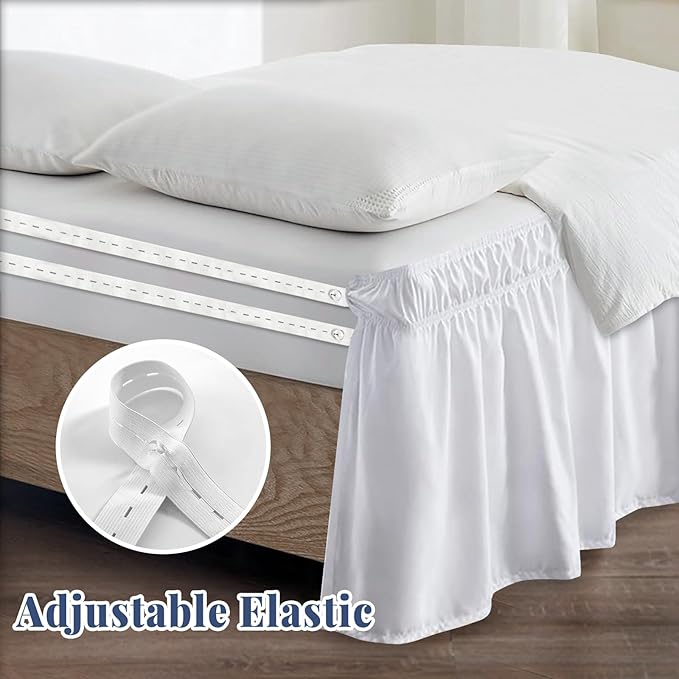 Full Bed Skirt, Elastic Wrap Around Bed Skirt Full Size, Bed Skirts for Adjustable Bed, Easy Fit with 18" Drop Length Tailored Drop Dust Ruffle (White)