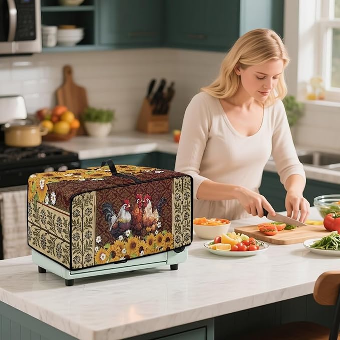 Convection Oven Dustproof Cover with Pockets, Washable Toaster Oven Cover Small Appliance Accessories for Kitchen Countertop, M, Chicken Rooster Sunflower Daisy Floral